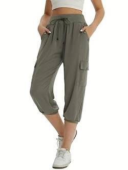 fuinloth 3/4 Hose Damen Caprihose Sommer Frauen Leicht Locker Dreiviertel Knielange Hosen mit 4 Seitentaschen Grün L 38-40 von fuinloth