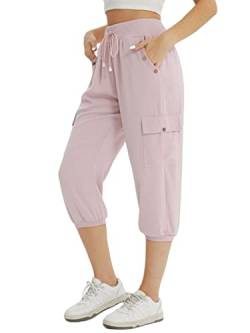 fuinloth 3/4 Hose Damen Caprihose Sommer Frauen Leicht Locker Dreiviertel Knielange Hosen mit 4 Seitentaschen Rosa XXL 46-48 von fuinloth