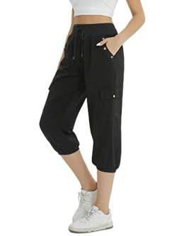 fuinloth 3/4 Hose Damen Caprihose Sommer Frauen Leicht Locker Dreiviertel Knielange Hosen mit 4 Seitentaschen Schwarz S 34-36 von fuinloth