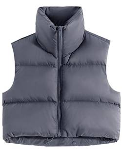 fuinloth Damen Weste Kurz Stehkragen Steppweste Warm Winter Crop Puffer Weste mit Reißverschluss Ärmellose Übergangsweste Holzkohle S von fuinloth