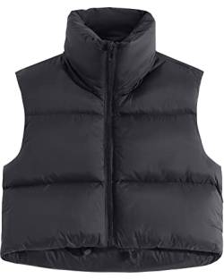 fuinloth Damen Weste Kurz Stehkragen Steppweste Warm Winter Crop Puffer Weste mit Reißverschluss Ärmellose Übergangsweste Schwarz L von fuinloth