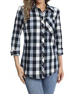 fuinloth Hemd Damen Kariert Trachtenbluse Plaid Langarmshirt Flanell Bluse Elegant Oberteile aus Baumwolle Blau M 36-38 von fuinloth