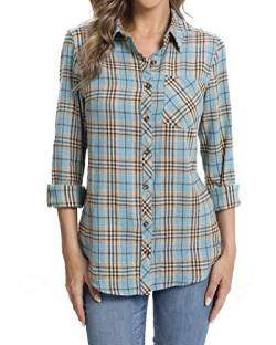 fuinloth Hemd Damen Kariert Trachtenbluse Plaid Langarmshirt Flanell Bluse Elegant Oberteile aus Baumwolle Blau S 34-36 von fuinloth