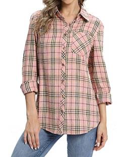 fuinloth Hemd Damen Kariert Trachtenbluse Plaid Langarmshirt Flanell Bluse Elegant Oberteile aus Baumwolle Rosa XS 32-34 von fuinloth