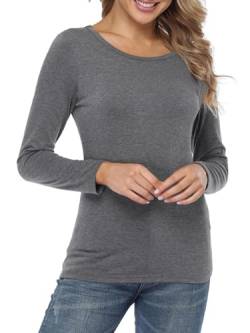 fuinloth Langarmshirt Damen Longsleeve Basic Bluse Oberteil Rundhals Elegant Langarm Tshirt Dunkelgrau Medium von fuinloth