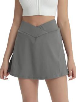 fuinloth Tennisrock Damen Tennis Skort Hohe Taille 2in1 Sportrock Innenhose Frauen Rockhose Golfröcke Mini Sommerrock mit Taschen Grau M 36-38 von fuinloth