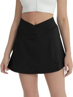 fuinloth Tennisrock Damen Tennis Skort Hohe Taille 2in1 Sportrock Innenhose Frauen Rockhose Golfröcke Mini Sommerrock mit Taschen Schwarz M 36-38 von fuinloth