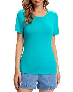 fuinloth Tshirt Damen Rundhals Shirt Kurzarm T-Shirt Sommer Basic Oberteile Tee Aquamarin M 36-38 von fuinloth