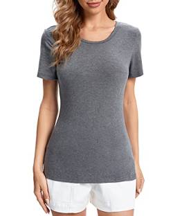 fuinloth Tshirt Damen Rundhals Shirt Kurzarm T-Shirt Sommer Basic Oberteile Tee Dunkelgrau M 36-38 von fuinloth