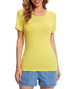 fuinloth Tshirt Damen Rundhals Shirt Kurzarm T-Shirt Sommer Basic Oberteile Tee Gelb M 36-38 von fuinloth