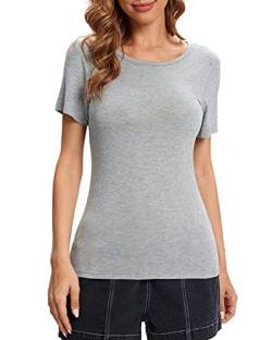 fuinloth Tshirt Damen Rundhals Shirt Kurzarm T-Shirt Sommer Basic Oberteile Tee Grau L 38-40 von fuinloth