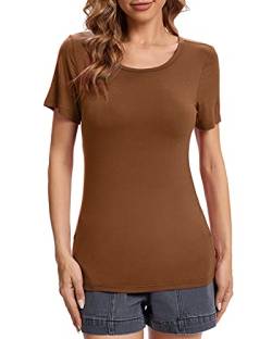 fuinloth Tshirt Damen Rundhals Shirt Kurzarm T-Shirt Sommer Basic Oberteile Tee Kaffee L 38-40 von fuinloth