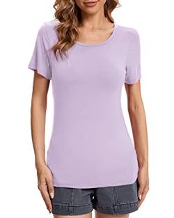 fuinloth Tshirt Damen Rundhals Shirt Kurzarm T-Shirt Sommer Basic Oberteile Tee Lavendel M 36-38 von fuinloth