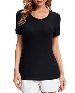 fuinloth Tshirt Damen Rundhals Shirt Kurzarm T-Shirt Sommer Basic Oberteile Tee Schwarz XL 42-44 von fuinloth