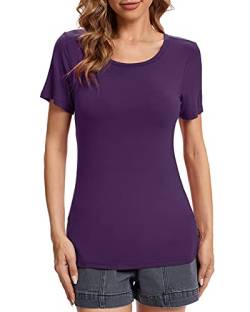 fuinloth Tshirt Damen Rundhals Shirt Kurzarm T-Shirt Sommer Basic Oberteile Tee Violett M 36-38 von fuinloth