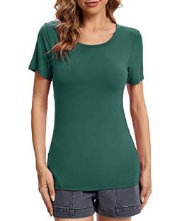 fuinloth Tshirt Damen Rundhals Shirt Kurzarm T-Shirt Sommer Basic Oberteile Tee Waldgrün L 38-40 von fuinloth