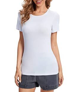 fuinloth Tshirt Damen Rundhals Shirt Kurzarm T-Shirt Sommer Basic Oberteile Tee Weiß L 38-40 von fuinloth