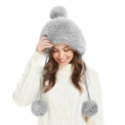 Frauen Wintermütze Kunstpelz Beanie Mütze mit Fuzzy Pom Pom Stricken Trapper Hut niedlich Schneemütze Winddicht volle Kapuze Ohrenklappe von fur story