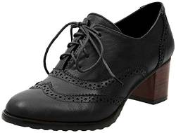 Damen Vintage Klassisch Brogue Oxfords Schuhe Lace up PU Leder Kleid Schuhe Chunky Heel Mittler Blockabsatz Stiefeletten Pumps 3 Farben 35-43 von fuxinhe