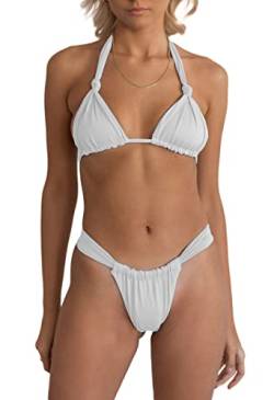 Zweiteilige Badeanzüge für Damen, Neckholder, Dreiecks-String-Bikini-Sets, sexy gerüscht, brasilianischer frecher Tanga-Badeanzug, Weiß, Medium von geluboao