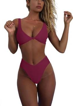 geluboao Bikini-Set für Damen, einfarbig, V-Ausschnitt, Knoten, vorne, Push-Up, hoher Beinschnitt, Tanga, zweiteiliger Badeanzug, Weinrot, S von geluboao