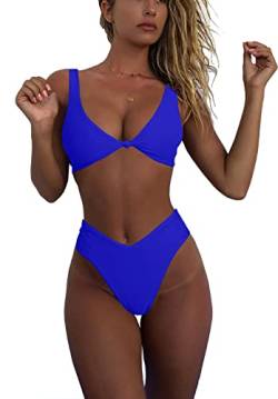geluboao Bikini-Set für Damen, solider V-Ausschnitt, Knoten, vorne, Push-Up, hohes Bein, zweiteiliger Badeanzug, Königsblau, Medium von geluboao