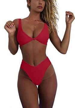 geluboao Damen-Bikini-Set, hohe Taille, sexy, V-Ausschnitt, Knoten, vorne, Push-Up, frecher, hoher Schnitt, Bikini, zweiteiliger Badeanzug, Rot/Ausflug, einfarbig (Getaway Solids), Large von geluboao