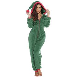 Bademantel Damen Ärmel Langer Pyjama Patchwork Kapuze mit Taschen Reißverschluss Onesie Frauen Overall Nachthemden Overalls Kapuzenbademantel (Green, S) von generic