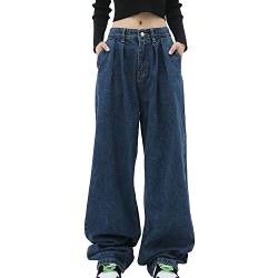 Jeans Damen Baggy Gewaschen Denim Hosen Mid Waist Casual Relaxed Fit Jeanshose Straight Lässige Baggy Pants Stylische Lockere Unterhose (Dark Blue, M) von generic