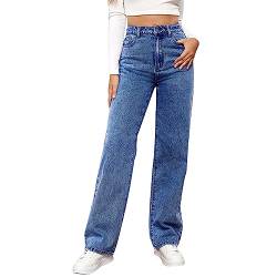 Jeans Damen Stretch Gewaschen Solid Jeanshose Straight Relaxed Fit Casual Pants Stylische High Waist Denimhose Lässige Basic Elegant Hosen Fraun Herbst Elegant Sexy Hose (Dark Blue, S) von generic