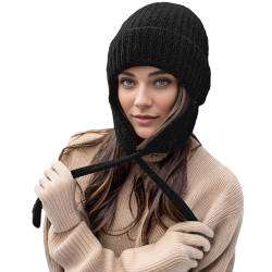 Mütze Damen Geschenk Mode Warm Kopfbedeckung Fleece Dicke Unisex Strickmütze Slouch Weich Wintermütze Solid Beaniemütze Winter Bommel Barett Ohrenschutz Hat (Black, One Size) von generic