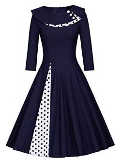 JIER Damen 50er Jahre Vintage Langarm KleidRockabilly Kleid Knielang Festlich Kleid Faltenrock mit Gepunkt Elegant A-Linie Petticoat Kleid Cocktailkleid (Dunkelblau,Medium) von generisch