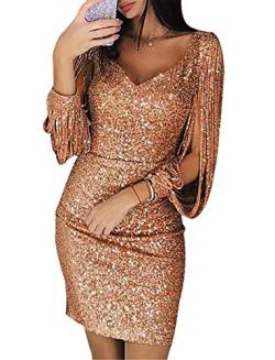 generisch JIER Damen V-Ausschnitt Glänzend Partykleid Fransen Langarm Sexy Cocktailkleid für Hochzeit Paillettenkleid Abendkleider Elegante Festliches Kleid Glitzer Abendkleid (Rose Gold,Large) von generisch