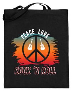 generisch Peace Love Rock’N’Roll - Peacezeichen Sonnenuntergang Gitarre - Jutebeutel (mit langen Henkeln) -38cm-42cm-Schwarz von generisch