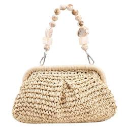 Strohbeutel für Frauen gewebter Strohhalmbetreuung Casual Strohkupplung mit Perlengriff stilvolle, einfache Sommertasche für Strandurlaubsreisen, Beige Strohkupplung von ggtuyt