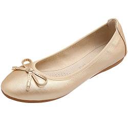 ggudd Damen Schlüpfen Beiläufig Flach Bowknot Gemütlich Wandern Faltbare Ballerinas (Gold,38 EU) von ggudd