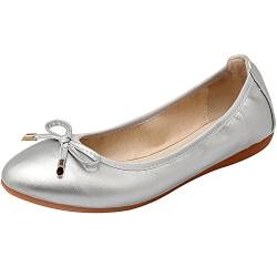 ggudd Damen Schlüpfen Beiläufig Flach Bowknot Gemütlich Wandern Faltbare Ballerinas (Silber,39.5 EU) von ggudd