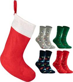 gigando | Nikolausstrumpf mit winterlichen Luxus Baumwoll-Socken | 4 Paar | rot, grün, silber, navy | 35-38 von gigando