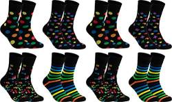 gigando Pack 8 Paar hochwertige schwarze Socken aus Baumwolle mit modernen bunten Motiven, Punkte, Streifen, Formen, Bausteine-Socken mit weichem Bund, ohne Naht an den Zehen, 43-46 von gigando