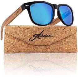 glozzi Sonnenbrille Herren und Damen Holz Polarisiert und Entspiegelt UV400 Blau Verspiegelt mit Holzbügeln aus Zebrano und Brillenetui aus Kork von glozzi