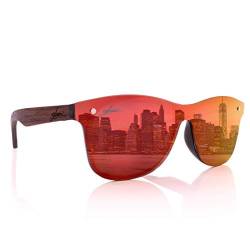 glozzi Sonnenbrille Herren und Damen Holz Verspiegelt Polarisiert und Entspiegelt UV400 Rot mit Holzbügeln aus Walnuss und Brillenetui aus Kork von glozzi