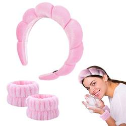3-teiliges Spa-Stirnband-Handgelenk-Waschband-Set, Schwamm und Frottee-Handtuch, Stirnband, Make-up-Stirnband und Mikrofaser-Armband für Frauen und Mädchen, Hautpflege, Dusche, Gesichtsmaske (rosa) von golshine