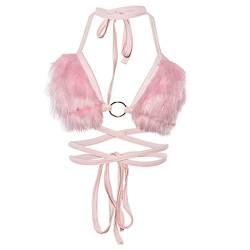 goneryisour Sexy V-Ausschnitt Frauen Neckholder Lace Up Flauschiges Plüsch Crop Top - Rave Bralette Bikini BH Weste T-Shirt Top Pink von goneryisour