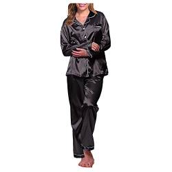 Schlafanzug Damen Lange Satin Button-Down Revers Pyjama Nachtwäsche Set Sexy Lose Pyjamas Nachthemd Homewear (schwarz, XXL) von goodjinHH 01
