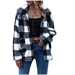 goodjinHH Damen Plüsch Kariertes Hemd Jacke mit Taschen, Tartan Freizeitjacke Mantel, Winter Karo Warme Jacken für Frauen (Schwarz, L) von goodjinHH