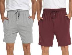 goodmansam 2er Pack Herren Kurz Schlafanzughose Leichte Pyjamahose Schlafshorts Weich Sommer Nachtwäsche Shorts, Licht Grau/Rot, XL von goodmansam