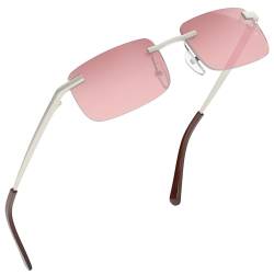 grinderPUNCH Kleine schlanke 90er beliebte neunziger rechteckige Sonnenbrille klare randlose Brille (Silberrahmen - Pink) von grinderPUNCH