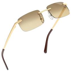 grinderPUNCH Kleine schlanke 90er beliebte neunziger rechteckige Sonnenbrille klare randlose Brille (goldener Rahmen - braun) von grinderPUNCH