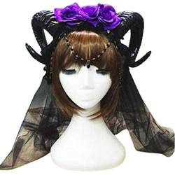 gulang-keng Halloween Karneval Stirnband - Schafhorn Rose Blume Kette Krone Haar Hoop Vampir Dämon Mesh Gothic Cosplay Kopfschmuck von gulang-keng