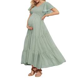 Swiss Dot Umstandskleid, V-Ausschnitt Rüschenärmel Umstandskleider für Fotoshooting-Baby-Party, gesmoktes gestuftes Schwangerschaftskleid, Hellgrün, X-Groß von guruixu